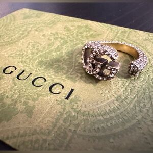 Gucci Signed Barrel Key Crystal Pave Unisex Adjustable Ring